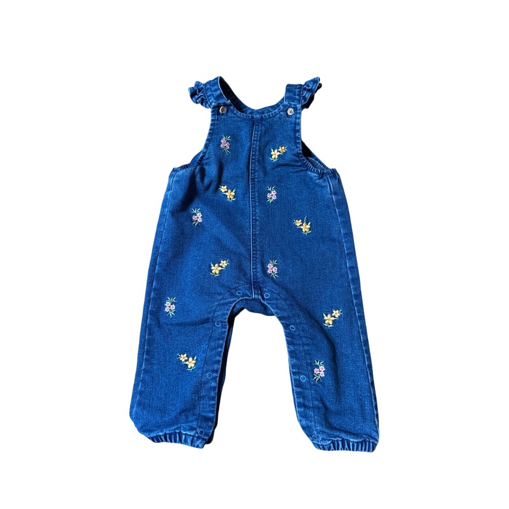Little Me Denim Romper Kids Blue Floral Embroidered Boho Ruffle SIZE 12M